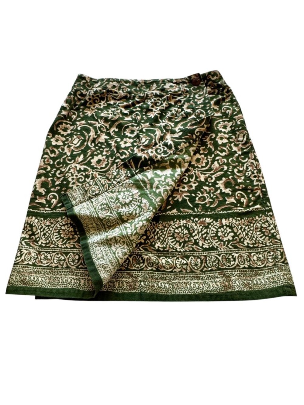 Sun River Wrap Skirt Size M Green Gold Cotton Batik Pattern Border Detail